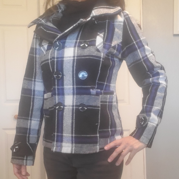 Retro 70's Pea Coat Coat Plaid Blue/Black Pockets Hood Wool Blend - Picture 9 of 11